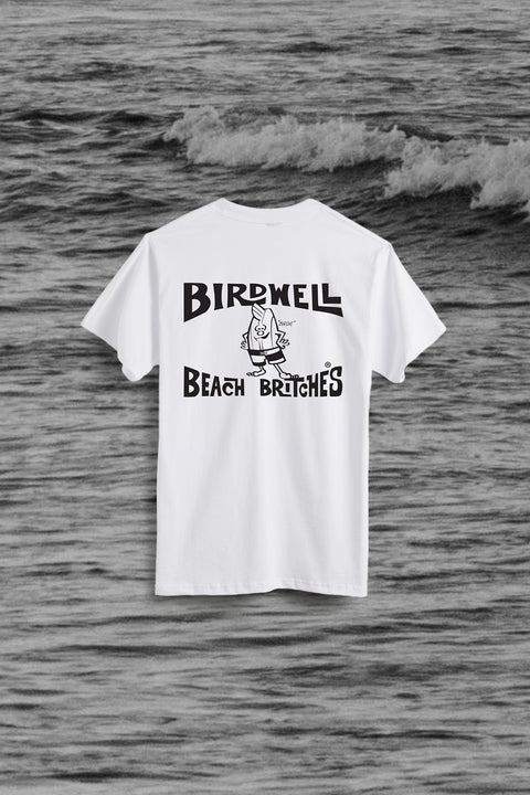 Back View of the License Plate T-Shirt in White over a Black and White Image of Waves