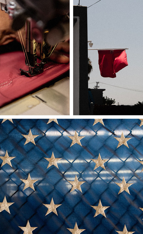Collage of American Flag with worker sewing red boardshorts and oversized red boardshorts hanging on a flagpole.