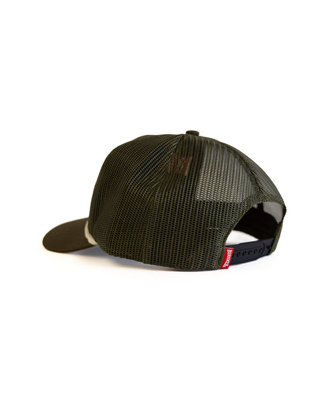 The Script Twill Trucker - Olive/Red is a dark green 5-panel mesh hat, shown from the back with a black adjustable snapback closure and a small red tag, set against a plain white background.
