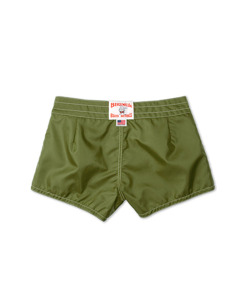 Army green Women's 400 Boardshorts displayed flat with a white and red Birdwell Beach Britches label sewn on the back waistband. Made in the USA for lasting quality.