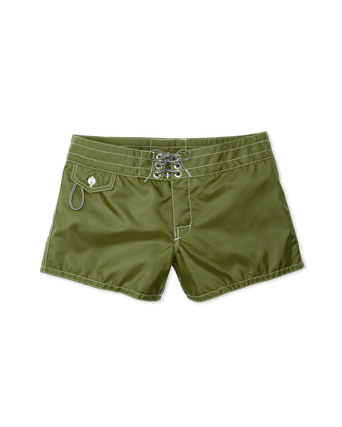 Army green Women's 400 Boardshorts with white stitching, front lace-up closure, and a small flap pocket on the left side, made in USA, shown against a white background.