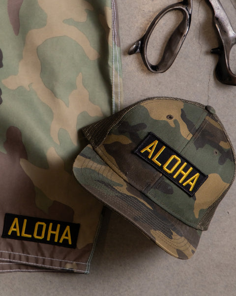 An Aloha Hat - Woodland Camo with yellow 