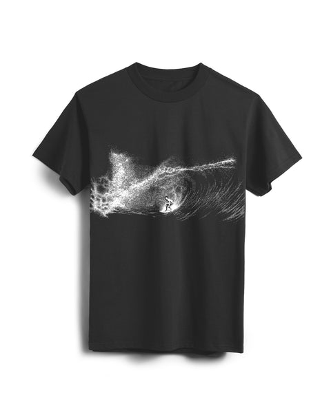 The Barrel T-Shirt - Faded Black is a heavyweight cotton tee with a garment-dyed finish, featuring a white graphic of a surfer riding a curling wave with detailed splashes and foam on the front.