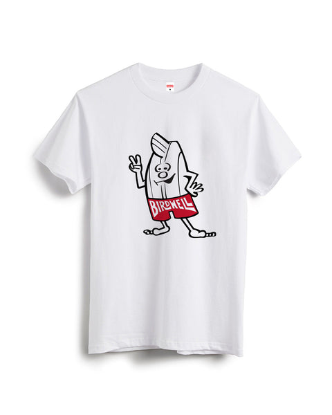 The Birdie T-Shirt - White is a relaxed fit, heavyweight cotton tee with a cartoon surfboard character wearing red BIRDWELL shorts and making a peace sign.