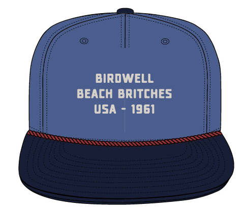 The Trademark Hemp Snapback in Federal Blue/Navy features a navy brim, red rope detail, and white 