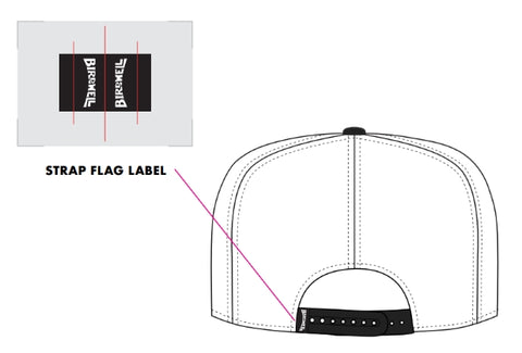 Illustration of the back of the Big Arc Twill Snapback - White/Black, highlighting a close-up of its rectangular BIRDWELL strap flag label attached to the adjustable snapback strap.