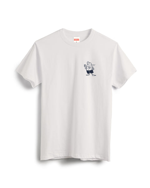 The Custom T-Shirt - Vintage White is a heavyweight, short-sleeve cotton tee featuring a small black line drawing of an anthropomorphic ice cube waving and saying 