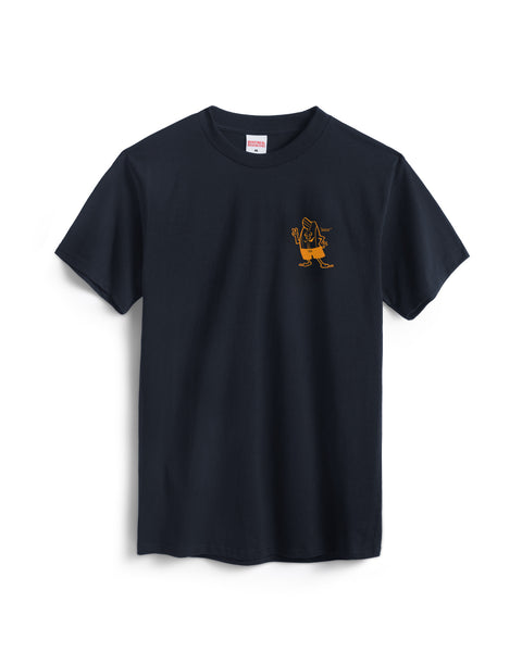 The Custom T-Shirt - Navy is a 100% cotton, garment-dyed short-sleeve tee featuring a small yellow cartoon pencil graphic with a peace sign on the left chest.