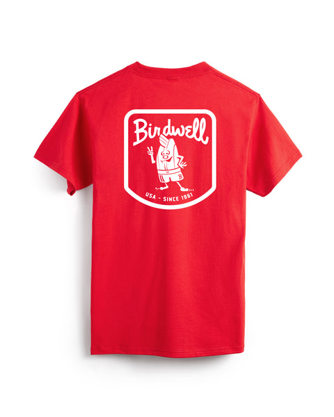 The Herald T-Shirt - Fuji Red is a heavyweight cotton tee with a large white graphic on the back that showcases 