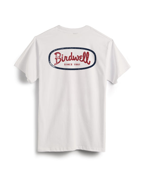 The Potato T-Shirt - Vintage White is a heavyweight cotton tee with short sleeves and a red and blue oval 