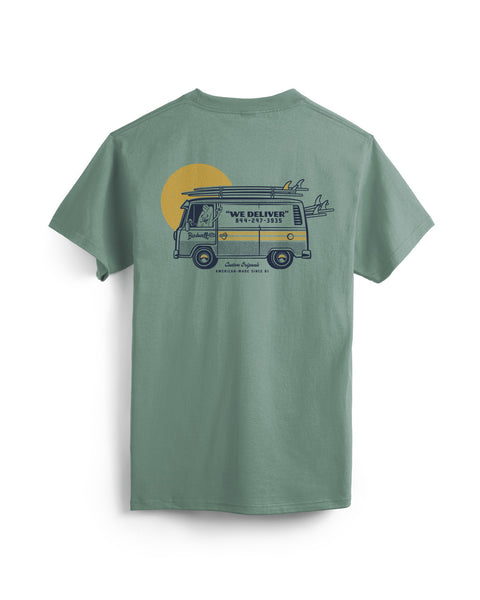 The Van Life Pocket T-Shirt in Atlantic Green features a van with surfboards, yellow sun backdrop, bold 