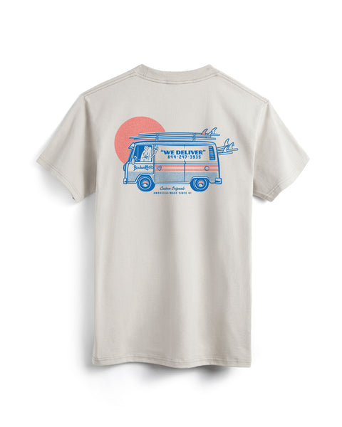 The Van Life Pocket T-Shirt - Cement is a heavyweight, garment-dyed tee with a blue and pink surf van graphic, surfboards, 
