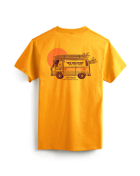 The Van Life Pocket T-Shirt - Gold features a yellow garment-dyed tee with a van, surfboards, sun illustration, 
