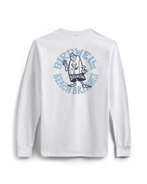 The Rounder Long Sleeve T-Shirt - White is a garment-dyed cotton tee with a large circular blue back graphic of a cartoon holding a surfboard, surrounded by “BIRDWELL BEACH BRITCHES” text.