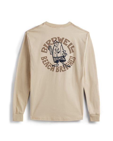 The Rounder Long Sleeve T-Shirt - Sand is a beige cotton tee with a garment-dyed finish, featuring a back graphic of 