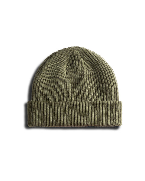 The License Plate Watchcap - Army is an olive green fisherman-style ribbed beanie with a folded cuff, shown laid flat on a white background.
