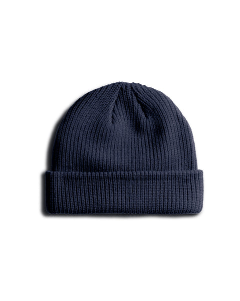 The License Plate Watchcap - Navy is a dark blue ribbed beanie with a folded brim, shown on a white background.