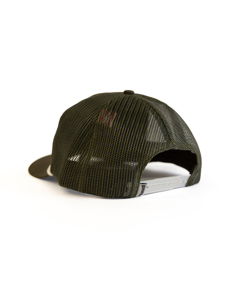The Script Twill Trucker - Olive/Bone is a green 5 panel hat with a curved brim and plastic adjustable snap closure, shown from the back on a white background.