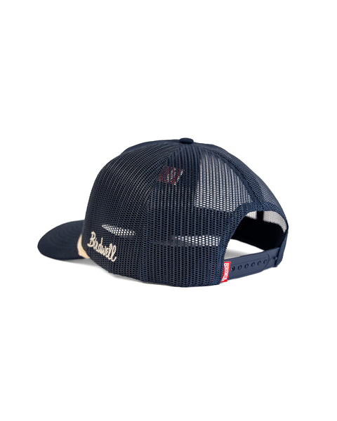 The Big B Twill Snapback - Navy is a 5-panel hat with mesh back, an adjustable snapback strap, and 