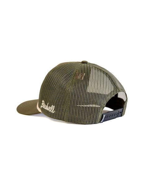 Big B Twill Snapback - Olive features an olive green mesh-back, 5 panels, and a black adjustable snap closure. “Biltwell” is embroidered in white above the closure. The cap is shown from the back on a white background.