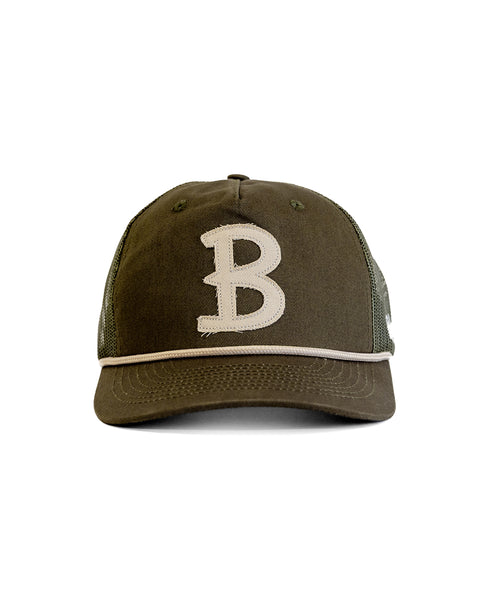 The Big B Twill Snapback - Olive is a green 5-panel hat with a beige mesh back, a large beige 