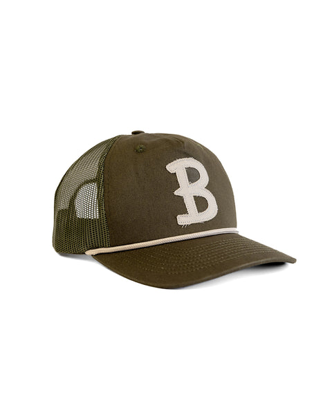 The Big B Twill Snapback - Olive is a dark green 5 panel cotton hat with a mesh back, large white letter B on the front, curved brim, snapback closure, and a white accent line above the brim.
