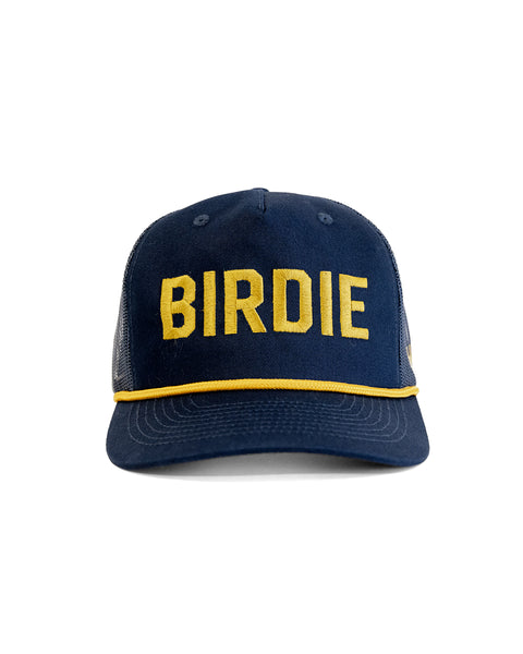 The Big Birdie Twill Trucker - Navy is a high crown, 5 panel cotton twill hat with 
