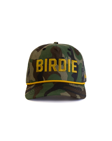 The Big Birdie Twill Trucker - Woodland Camo is a 5-panel snapback hat with a high crown, featuring 