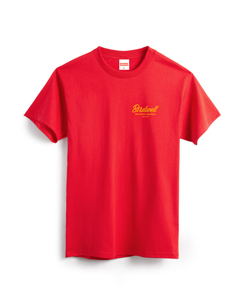 The Daydreamin Birdie T-Shirt in Fuji Red is a garment-dyed, heavyweight short-sleeve cotton tee with a small yellow Birdwell logo and text on the left chest, shown on a white background.