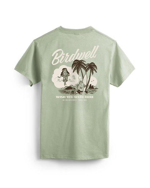 The Daydreamin Birdie T-Shirt in Desert Green is a heavyweight tee with a vintage beach scene: a person lounging in a hammock between palms, another surfing, and 