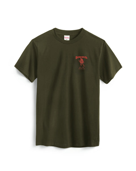 The 61 T-Shirt in Surplus Green is a garment-dyed heavyweight tee featuring a small red graphic and text on the left chest, shown against a white background.