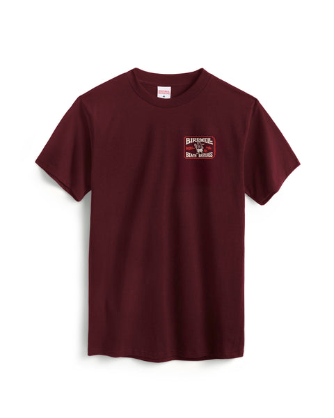 The Hangtag T-Shirt - Burgundy is a heavyweight maroon cotton tee with short sleeves, featuring a small white and red BIRM HILL and BRAVE HEARTS logo with an eagle graphic on the left chest.