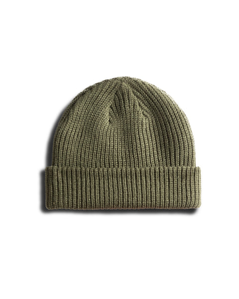 The Aloha Watchcap - Army is a ribbed olive green fisherman beanie with a folded brim, shown flat on a white background.