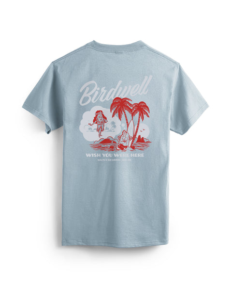 The Daydreamin Birdie T-Shirt in Arctic Blue is a 100% cotton heavyweight tee with a retro surfer and palm island graphic, “Birdwell” above and “Wish you were here” below, garment-dyed for softness.
