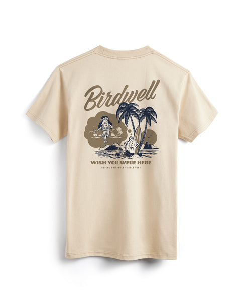 The Daydreamin Birdie T-Shirt in cream features a garment-dyed finish and a beach scene graphic with a hammock, surfer, and “Birdwell” plus “WISH YOU WERE HERE” text on the back for laid-back style.