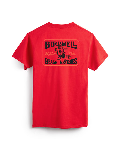 The Hangtag T-Shirt - Fuji Red is a bright red, garment-dyed tee with a black and yellow back graphic showing 