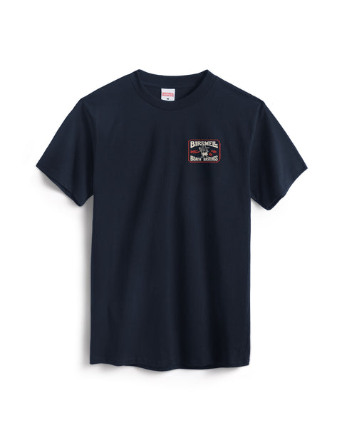 A plain navy heavyweight t-shirt made from 100% cotton, featuring a small Birddell Brawn & Bones logo in red, white, and tan on the left chest. The Hangtag T-Shirt - Navy is displayed on a white background.