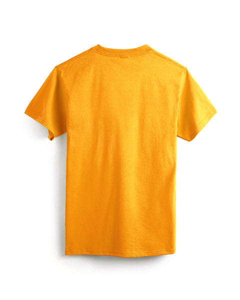 The B-Line T-Shirt - Gold is shown from the back in this image, featuring a plain, short-sleeve, garment-dyed yellow-orange design on a white background.