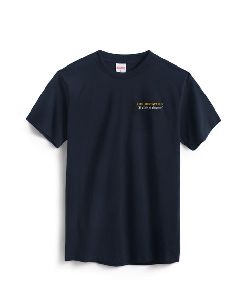 A navy Los Birdwells T-Shirt, cotton and heavyweight with short sleeves, garment-dyed, features small yellow 