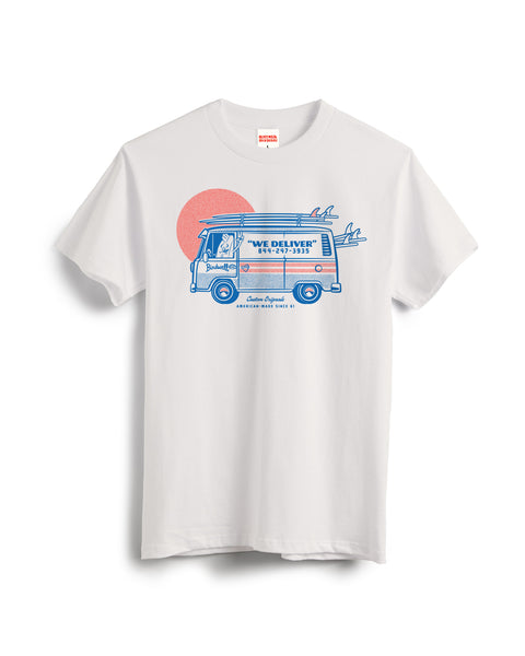 The Van Life T-Shirt in Vintage White/Blue features a blue and red delivery van with surfboards, a red sun backdrop, 