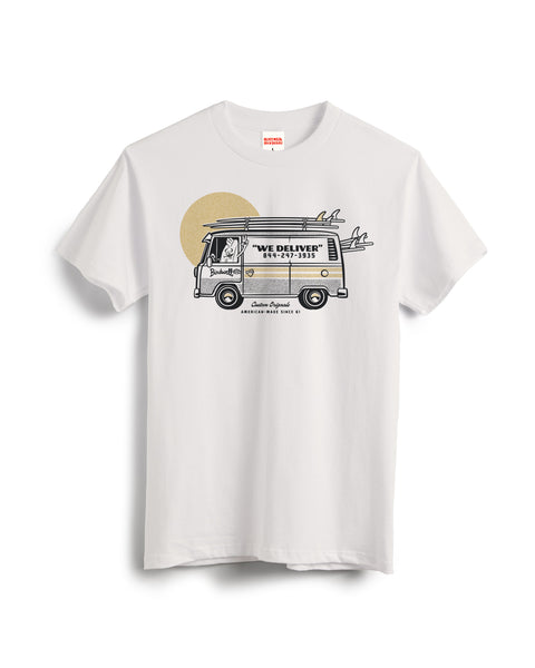 The Van Life T-Shirt in Vintage White/Gray features a graphic of a classic delivery van with surfboards and “WE DELIVER” text, set against a tan sun. Made from soft, garment-dyed cotton for lasting comfort and timeless style.
