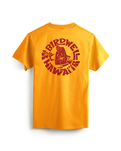 The Shaka Pocket T-Shirt - Gold is a heavyweight yellow cotton tee with a red back graphic of 