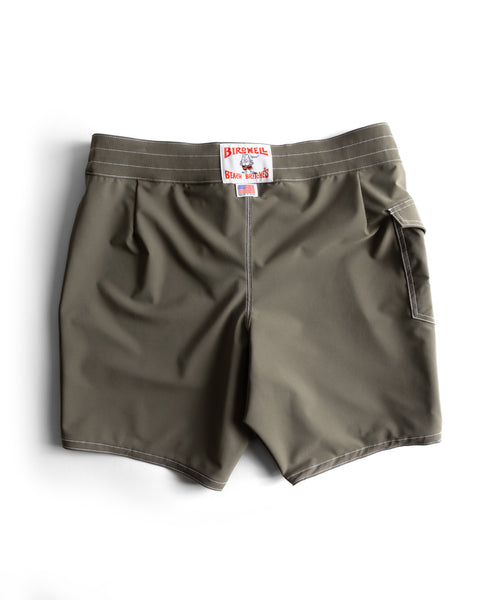 The 808 SurfStretch Side Pocket Boardshorts in Army feature white stitching, a right back pocket, and a red and white BIRDWELL Beach Britches label on the waistband. Made in USA.
