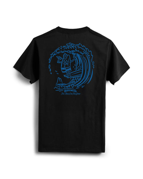 The Bros T-Shirt - Black is a heavyweight, 100% cotton tee with a blue line art graphic of a person surfing a large wave on the back and “BIRKENSTOCK The Best for the Best” below the image. Garment-dyed for comfort.