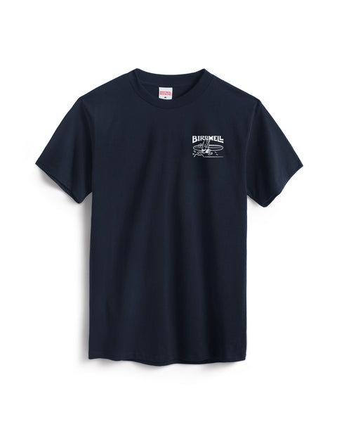 A navy cotton heavyweight Bros T-Shirt with a small white graphic and the word BIRDWELL on the left chest, displayed on a white background.