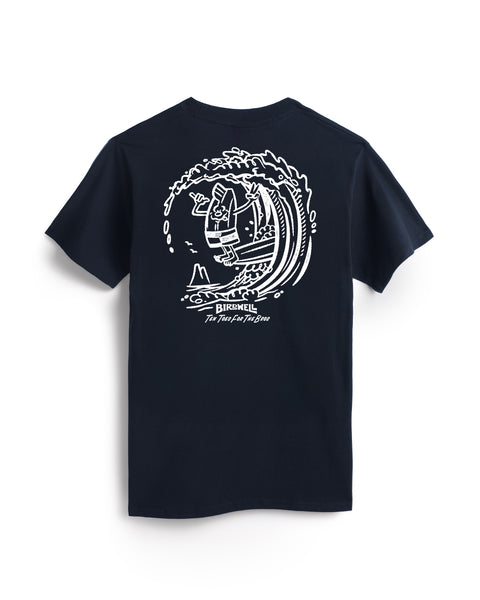 The Bros T-Shirt - Navy is a heavyweight cotton tee featuring a white back graphic of a surfer on a wave, with “BIRDWELL” and “The Thin Fun Phil Crew” printed below.