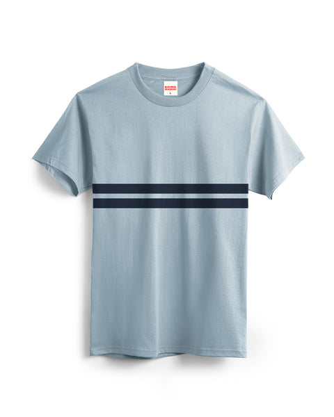 The Comp Stripe T-Shirt - Arctic Blue is a heavyweight, pre-shrunk cotton tee in light blue with two dark navy stripes across the chest, garment-dyed and shown on a white background.