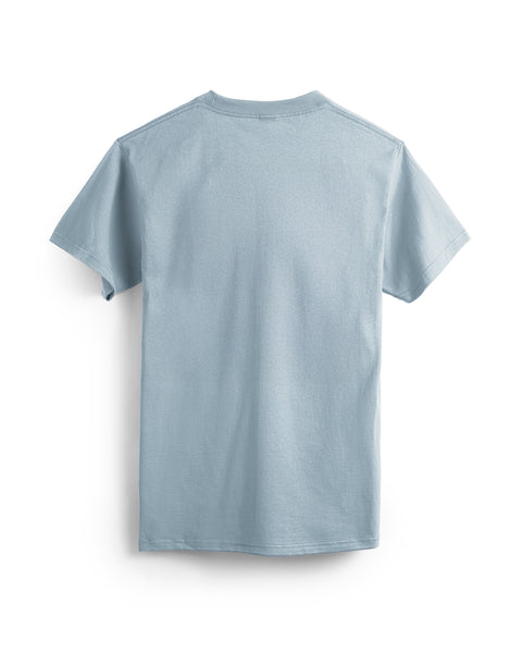 The Comp Stripe T-Shirt - Arctic Blue, a garment-dyed heavyweight cotton tee with short sleeves, is shown flat with the back side facing up on a white background.