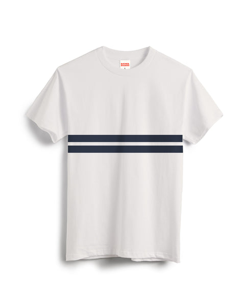 The Comp Stripe T-Shirt - Vintage White is a white heavyweight 100% cotton short-sleeve tee featuring two horizontal navy stripes across the chest, shown on a plain white background.