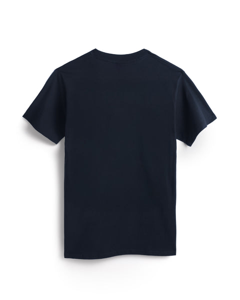 The Comp Stripe T-Shirt - Navy, a heavyweight short-sleeve cotton tee, is shown laid flat with the back side up on a white background.